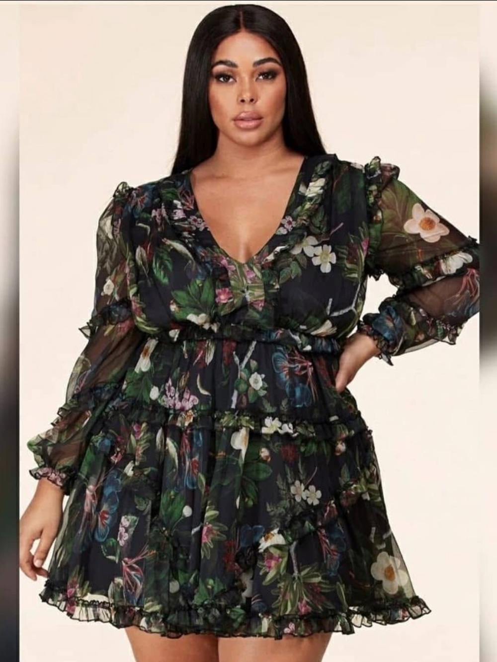 Plus Size Black Floral Ruffled V-Neck Dress